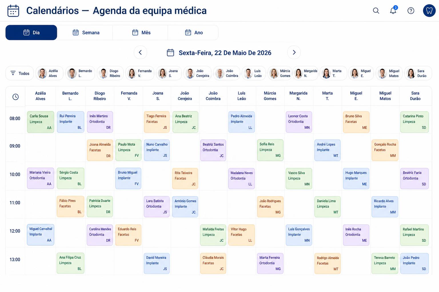 Calendário e marcações da equipa médica