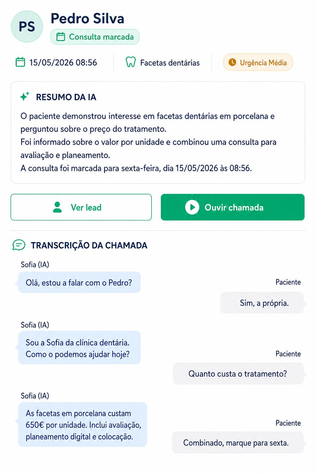 Detalhe de chamada com transcrição da Sofia IA